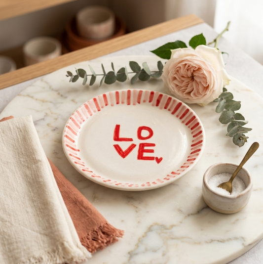 Love with Stripes Plate – Glazed Ceramic Dessert Plate – 5 Inch – Microwave & Dishwasher Safe
