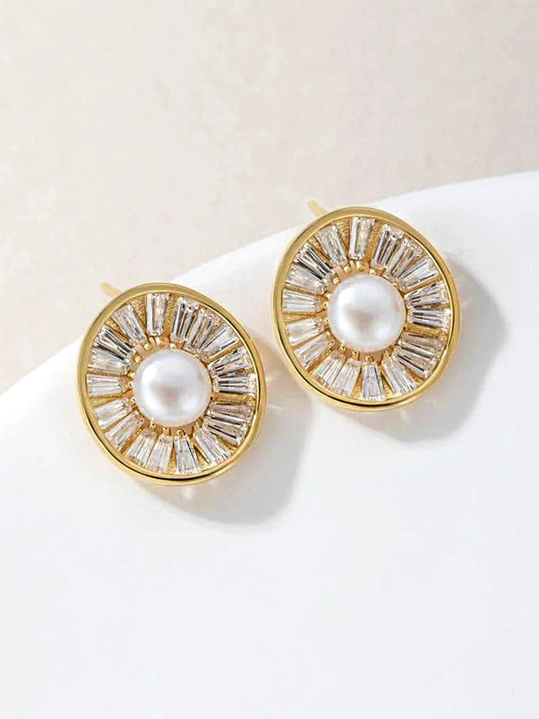 Gold-Plated AD Studded & Pearls Beaded Circular Studs – Stud Earrings – Gold-Toned, American Diamond – 1.5x1.3cm
