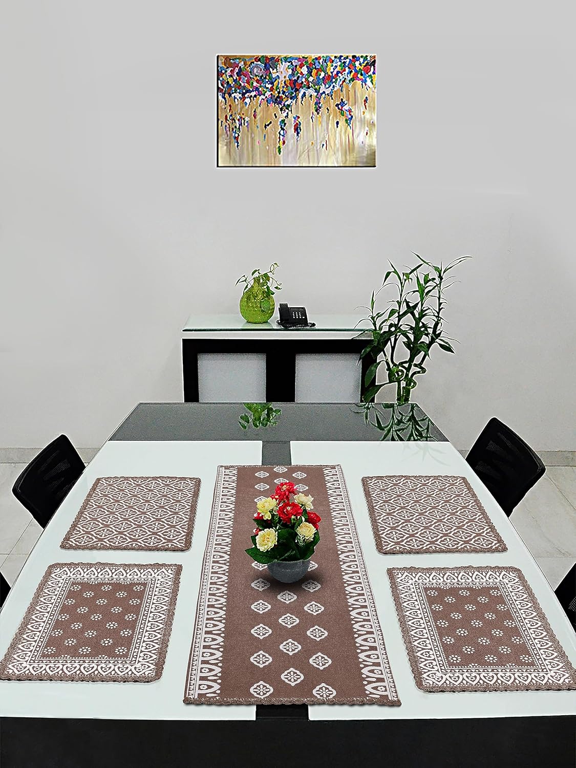 Jute & Cotton Crochet Antiskid Printed Round Table Mats, Set of 4 (38x38cm) | Heat Resistant Placemats for Dining & Home Decor