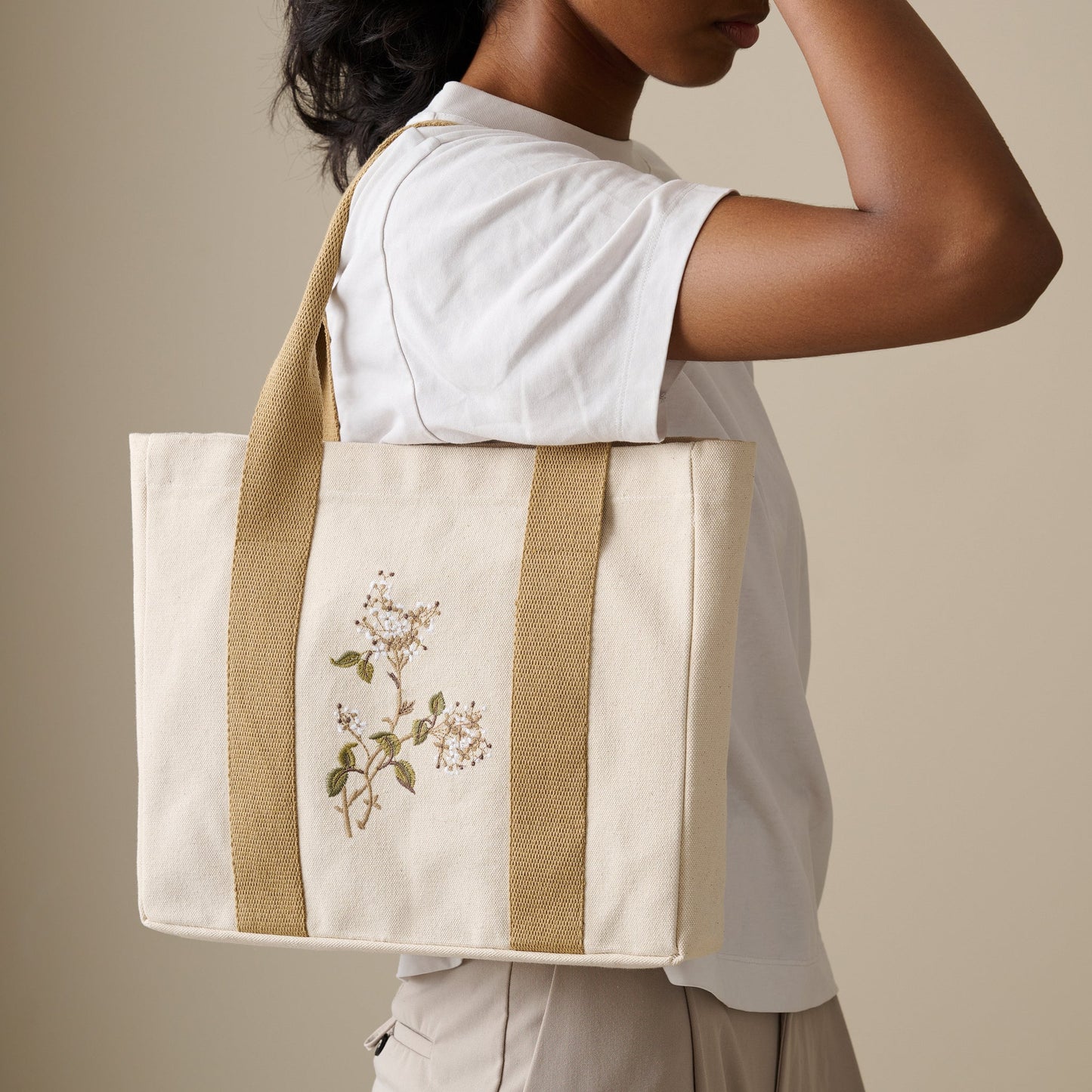 Tote Bag | Cotton Canvas Embroidered Botanical | Woven Handles
