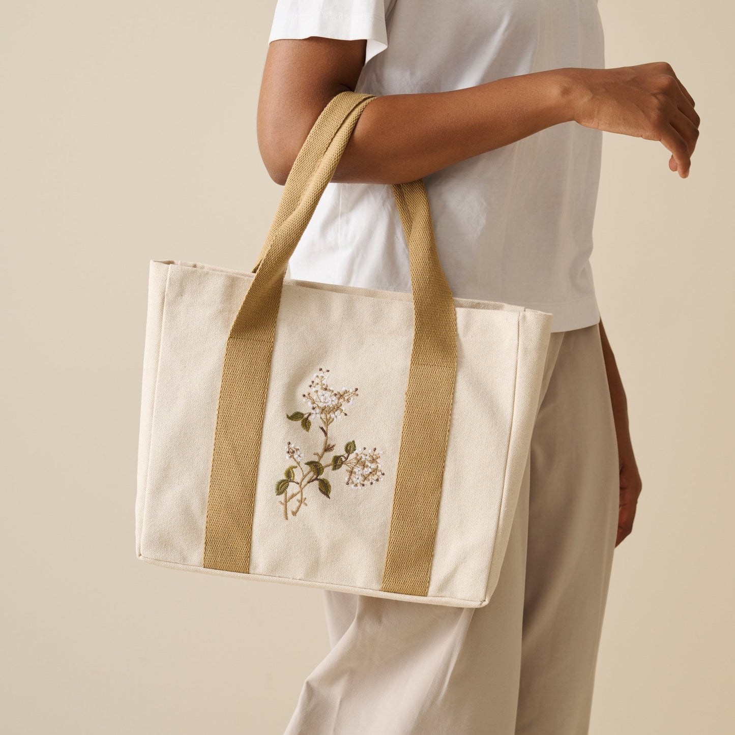 Tote Bag | Cotton Canvas Embroidered Botanical | Woven Handles