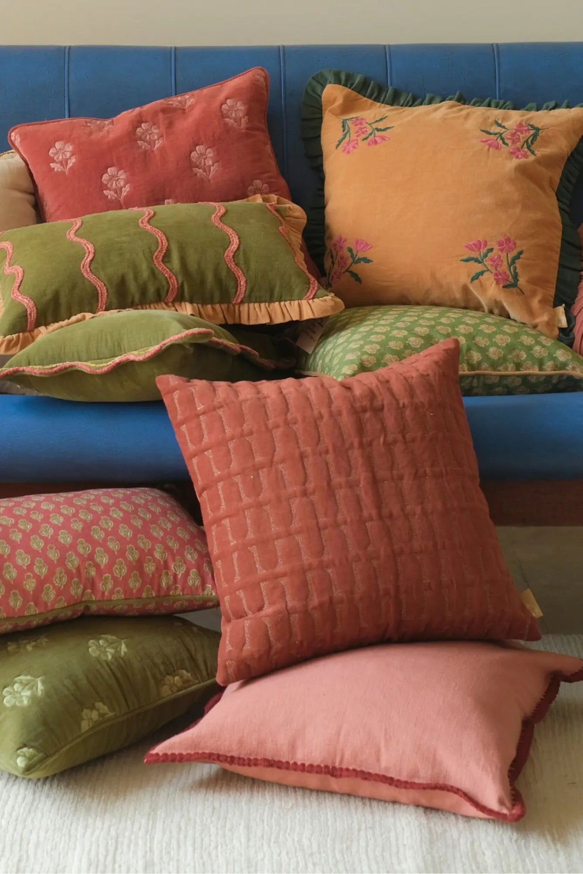 Twig Rhubarb Embroidered Velvet Cushion Cover SanctuaryLiving