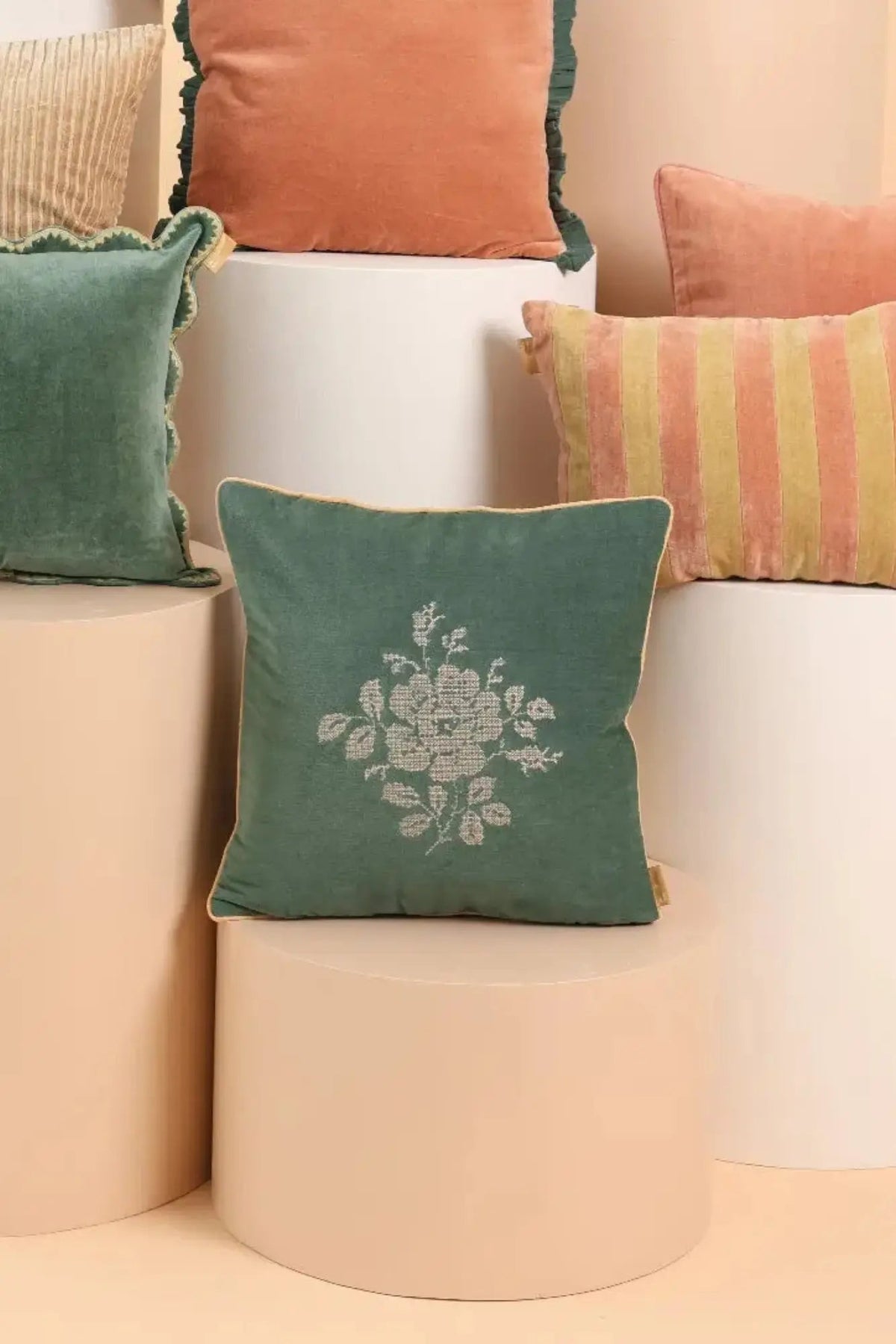 Camellia Eucalyptus Cross Stitch Cushion Cover SanctuaryLiving