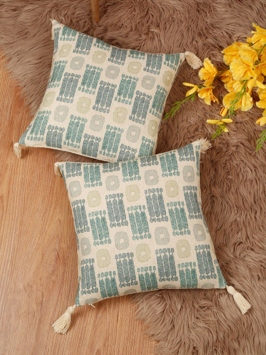 Set of 2 - Geometric Tasselled Pillow Covers – Poly Linen Blend