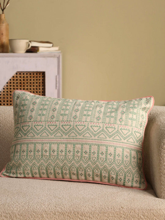 Elongated Decorative Pillow Cover – Flax Blend Fabric with Detailed Embroidery