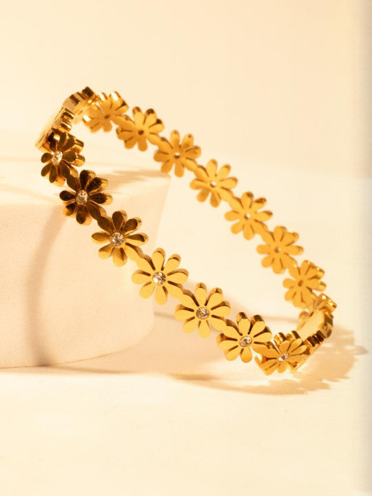 Floral Motif Bangle – Tarnish-Resistant Gilded Finish