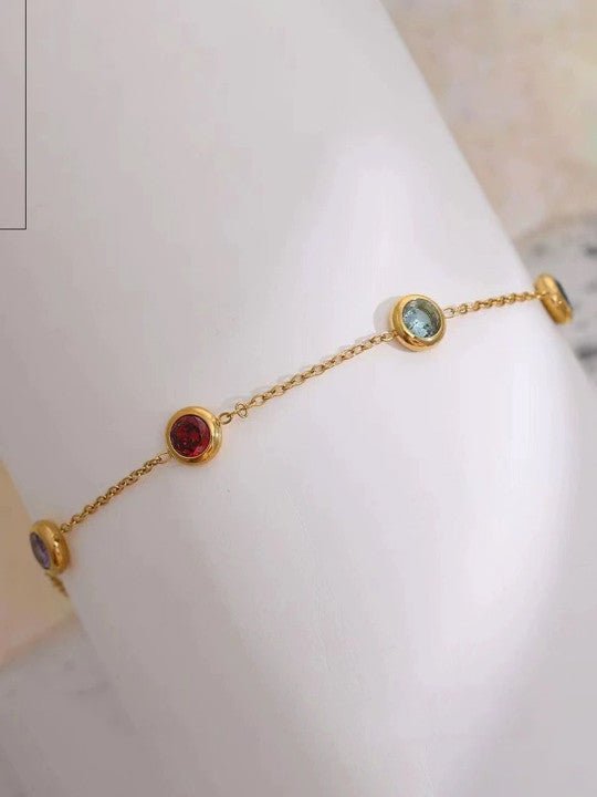 Studded Link Bracelet – Gold Finish – Alloy & Faux Stone