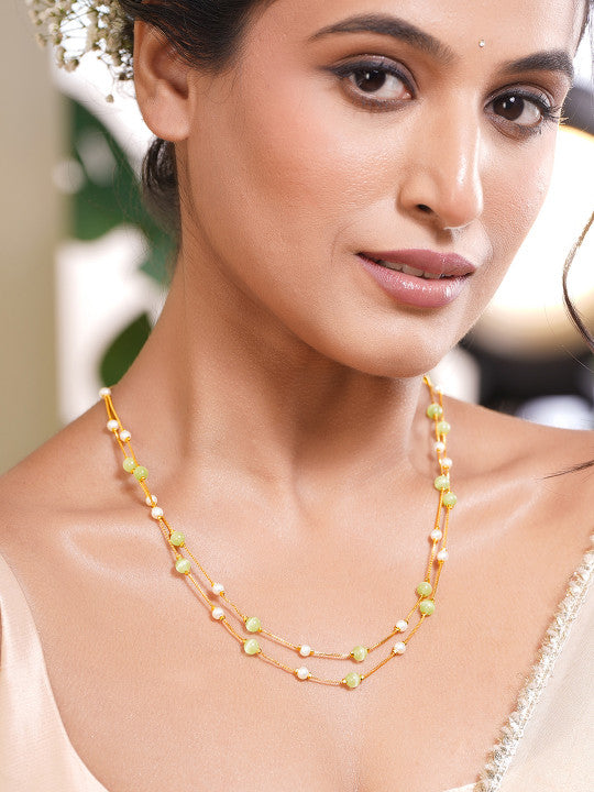 Multi-Strand Necklace – Embellished Chain – Gold-Plated Brass, Green – Individual Retail Unit