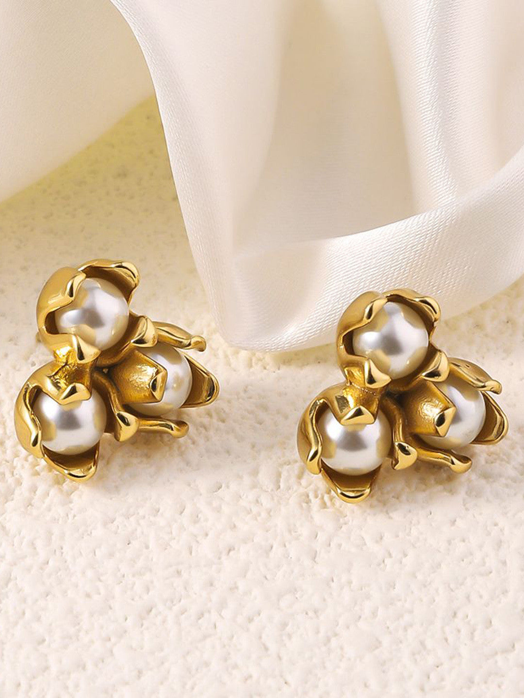 Gold Plated Floral Studs – Pearl Embellished Stud Earrings – 1.1cm Pair