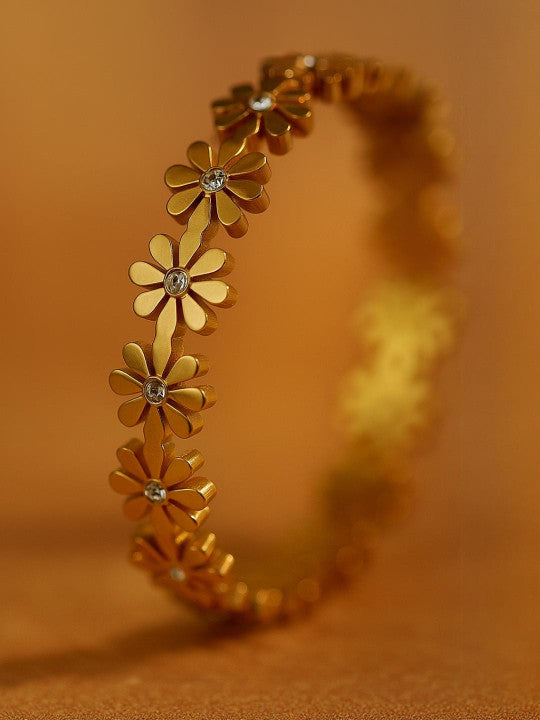 Floral Motif Bangle – Tarnish-Resistant Gilded Finish