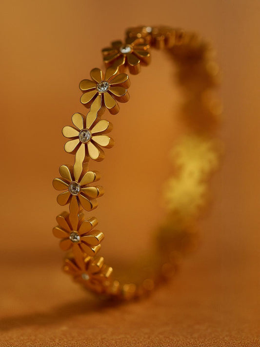 Floral Motif Bangle – Tarnish-Resistant Gilded Finish