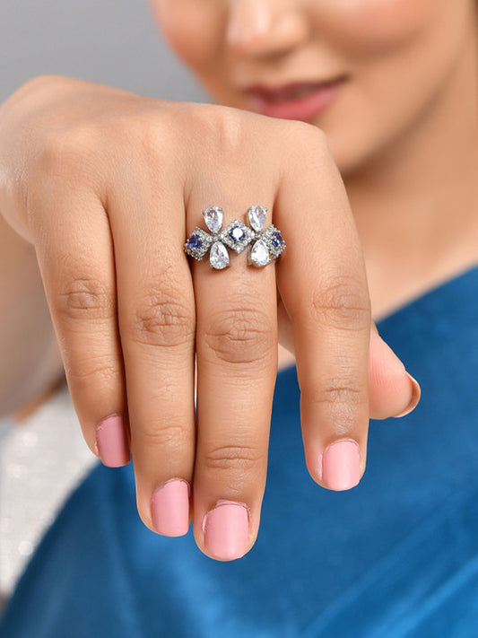 Rhodium-Plated Silver Tone Ring - Blue AD Stone Accented