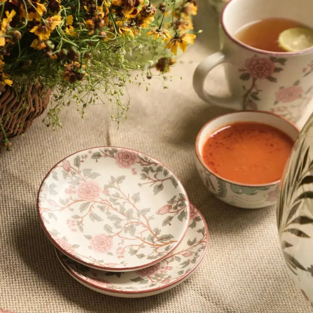 Handcrafted Stoneware Teaplate– Vintage Floral Print Ceramic Dessert & Snack Plate