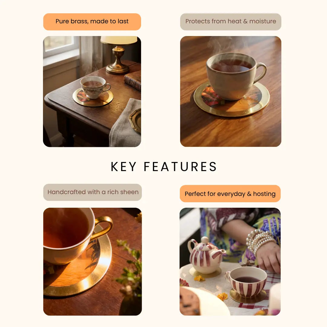 Pure Brass Coasters – Coastal Reverie Flower Market Art Print (Set of 4) | Luxury Table Coasters for Home, Dining & Gifting