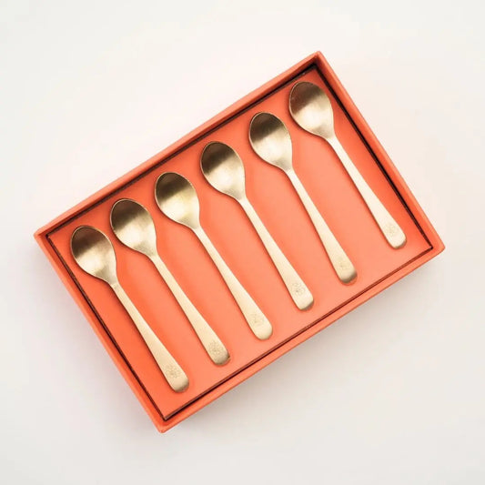 Premium Pure Brass Tea Spoons Set of 6 – Handcrafted Brass Cutlery with Laser-Engraved Peony Design