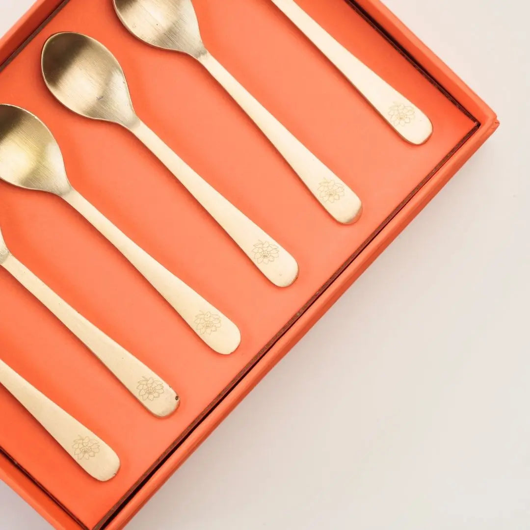 Premium Pure Brass Tea Spoons Set of 6 – Handcrafted Brass Cutlery with Laser-Engraved Peony Design