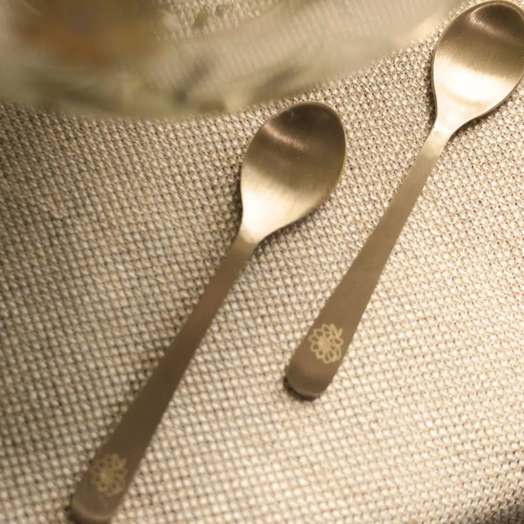 Premium Pure Brass Tea Spoons Set of 6 – Handcrafted Brass Cutlery with Laser-Engraved Peony Design