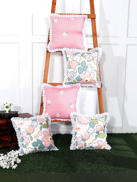 Set of 5 - Pink Lace Border Cushion Cover Set – Polycotton, Non-Crease – 16x16 inch