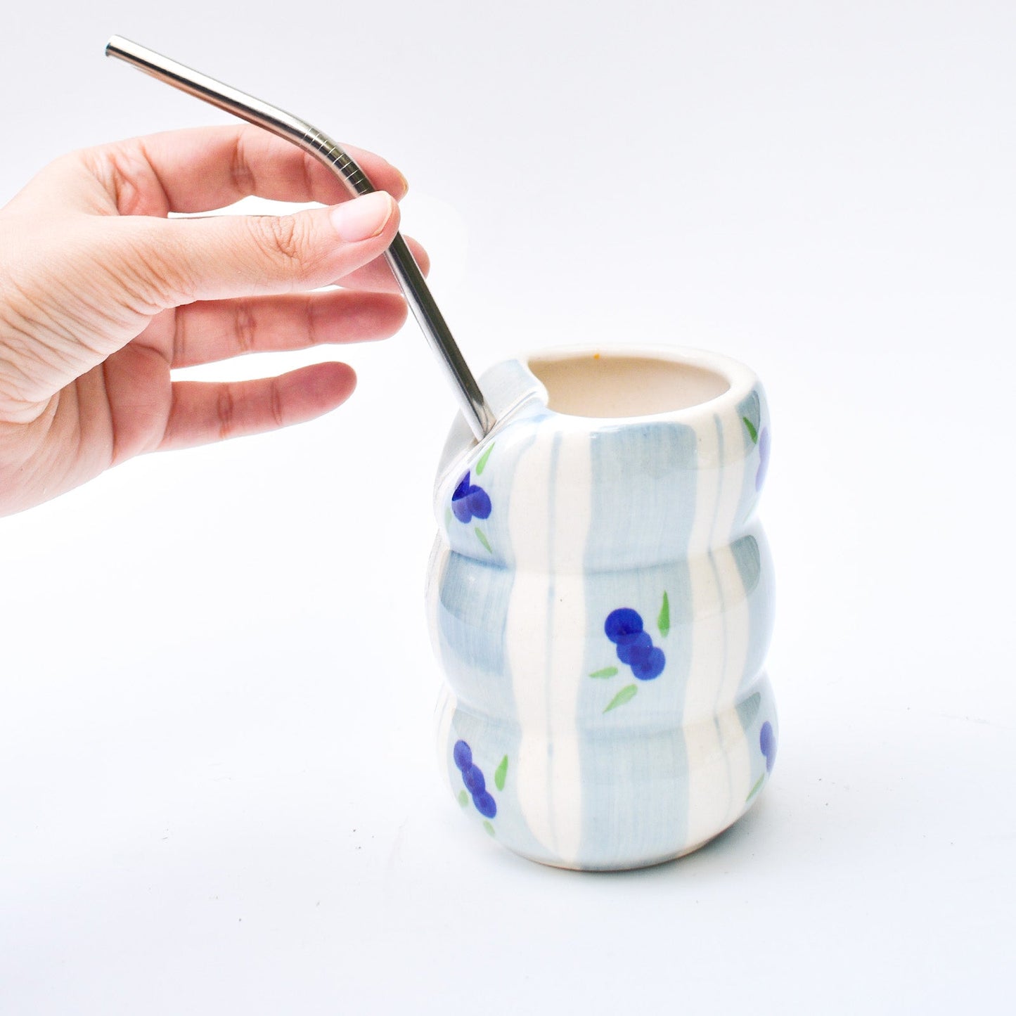 Tumbler | Ceramic Hand-painted With Straw | Blueberry