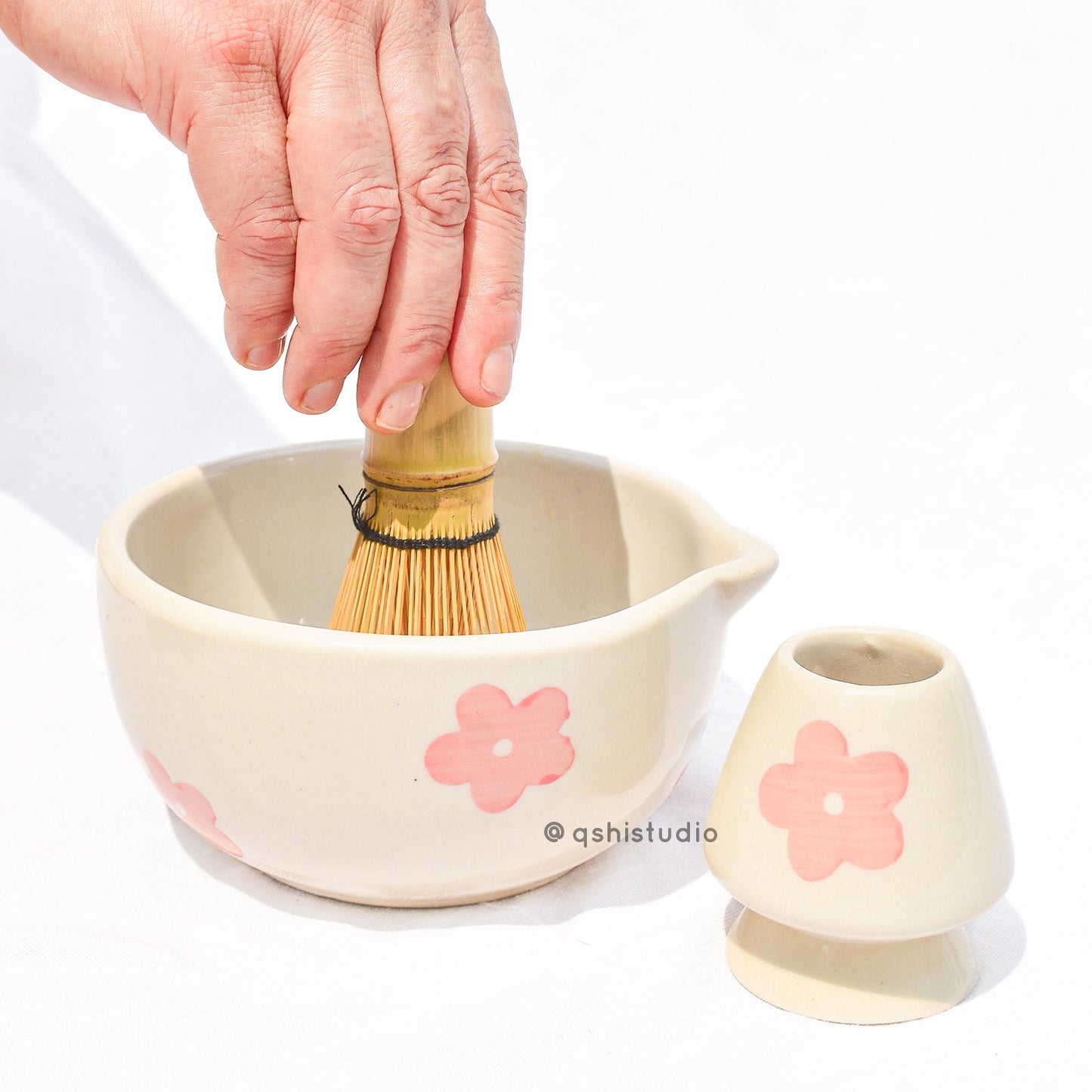 Whisk Holder | Ceramic Handcrafted Matcha Whisk Set | Pink Flower