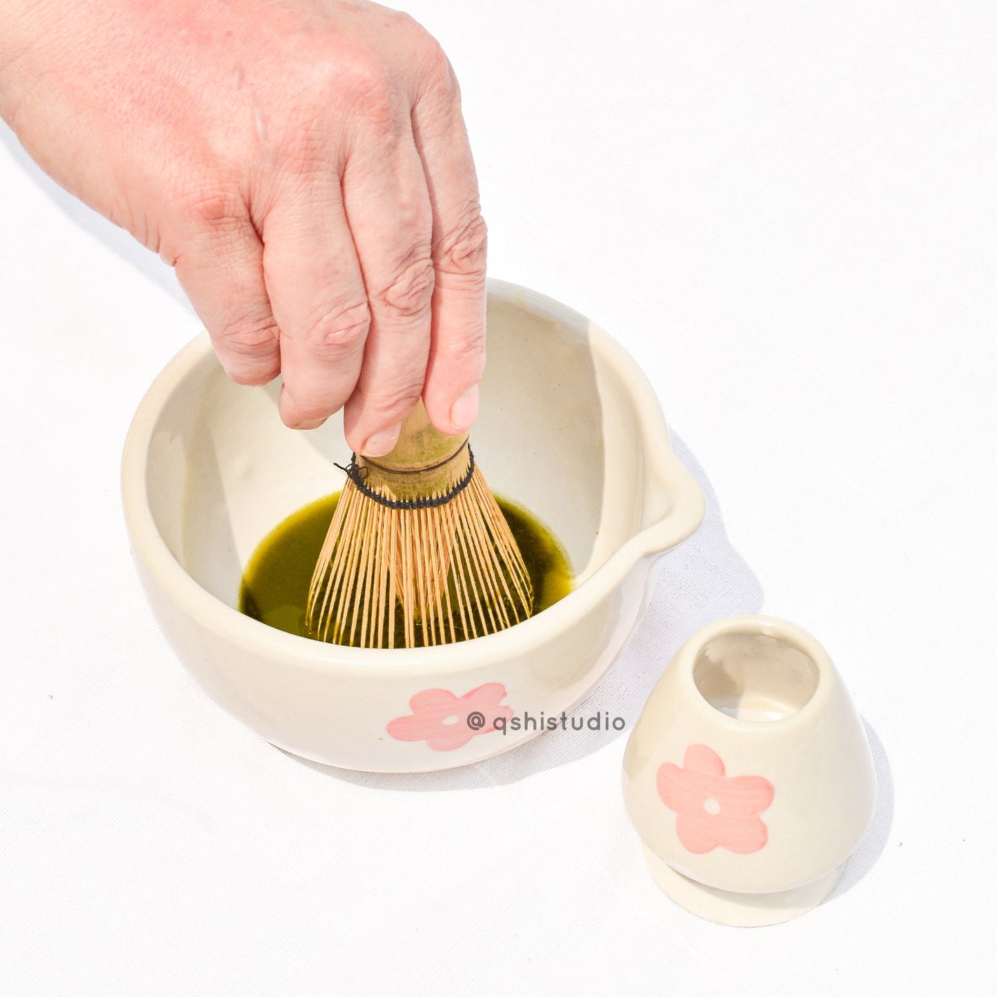 Whisk Holder | Ceramic Handcrafted Matcha Whisk Set | Pink Flower