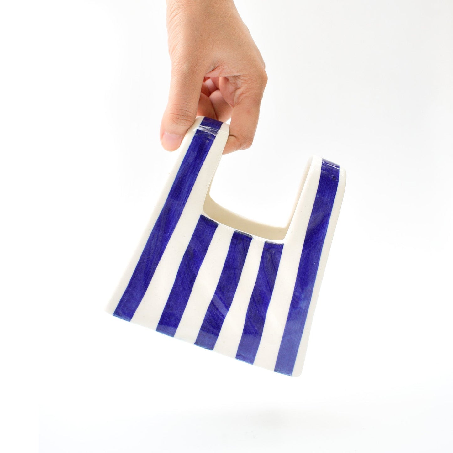 Vase | Ceramic Hand-painted Bag Shape | Small, Blue Stripe