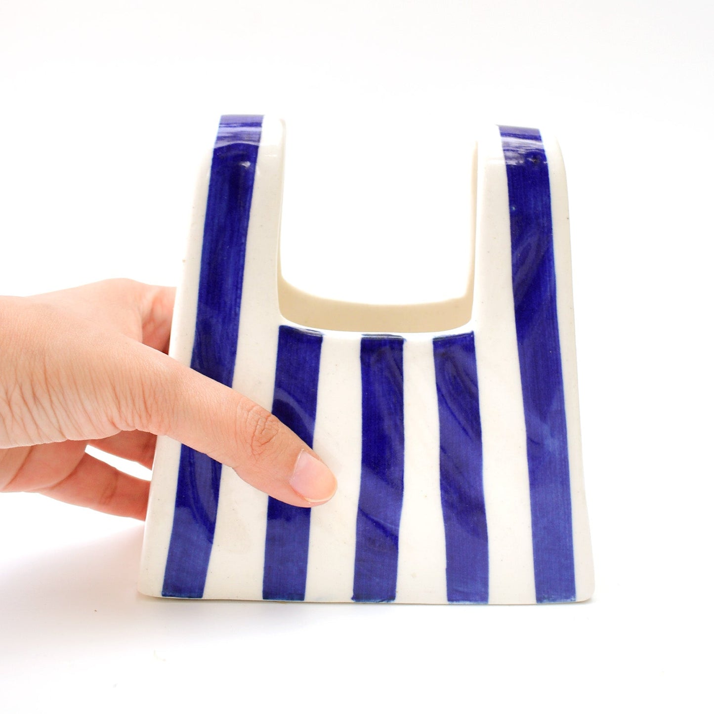 Vase | Ceramic Hand-painted Bag Shape | Small, Blue Stripe