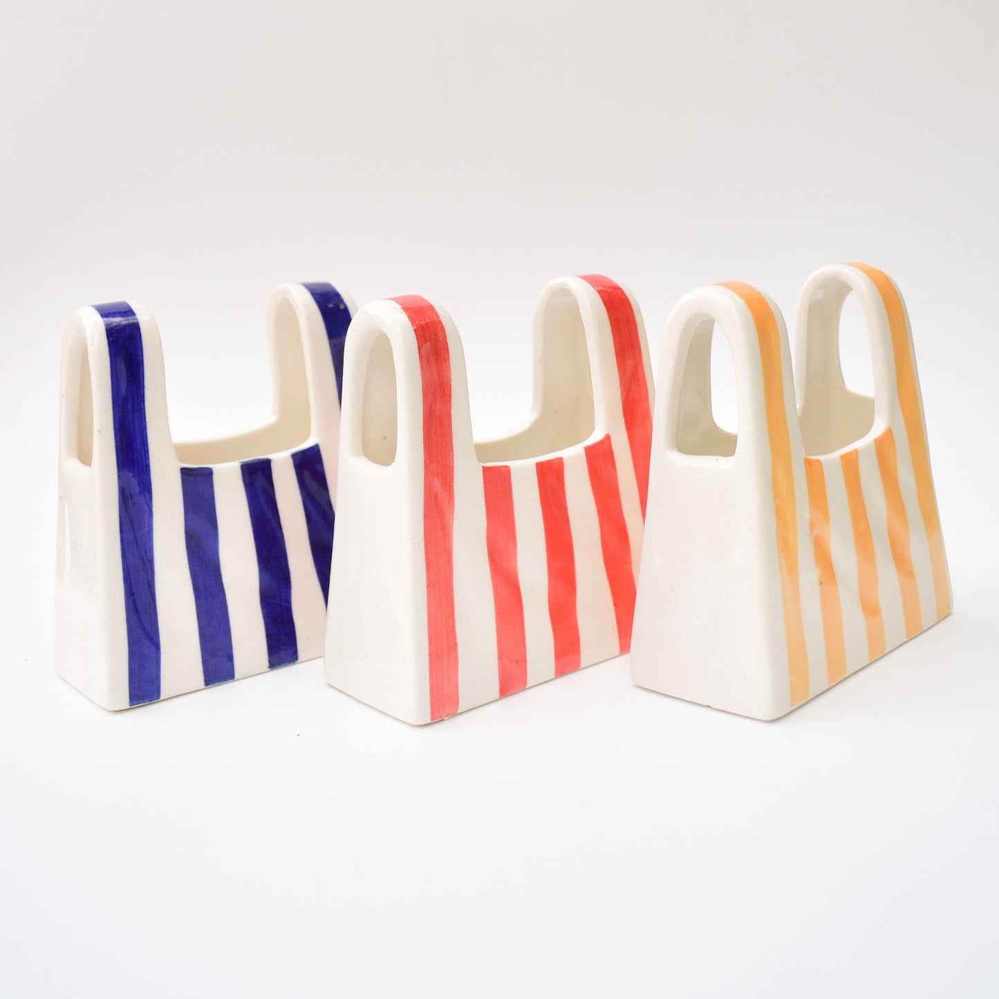 Vase | Ceramic Hand-painted Bag Shape | Small, Blue Stripe