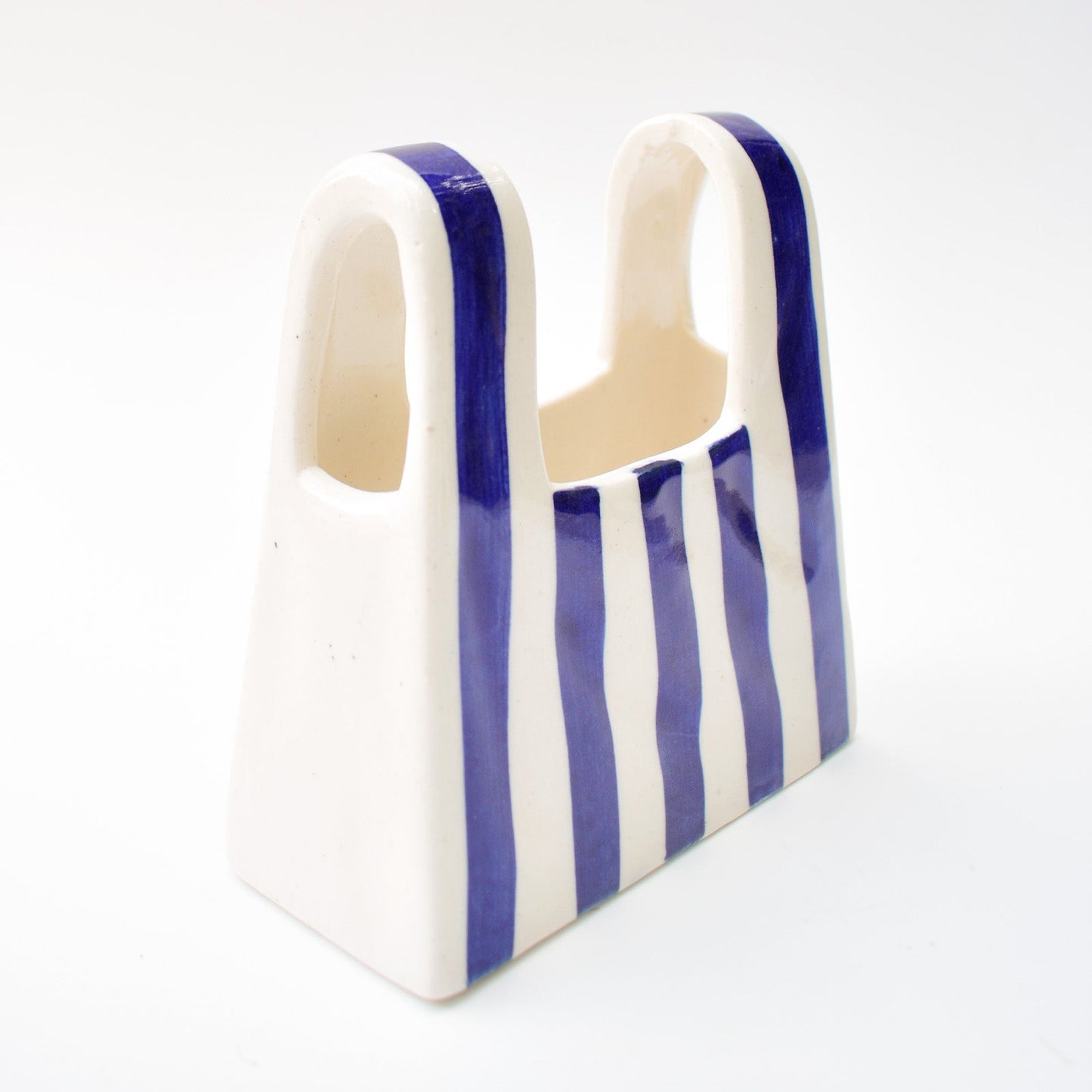 Vase | Ceramic Hand-painted Bag Shape | Small, Blue Stripe