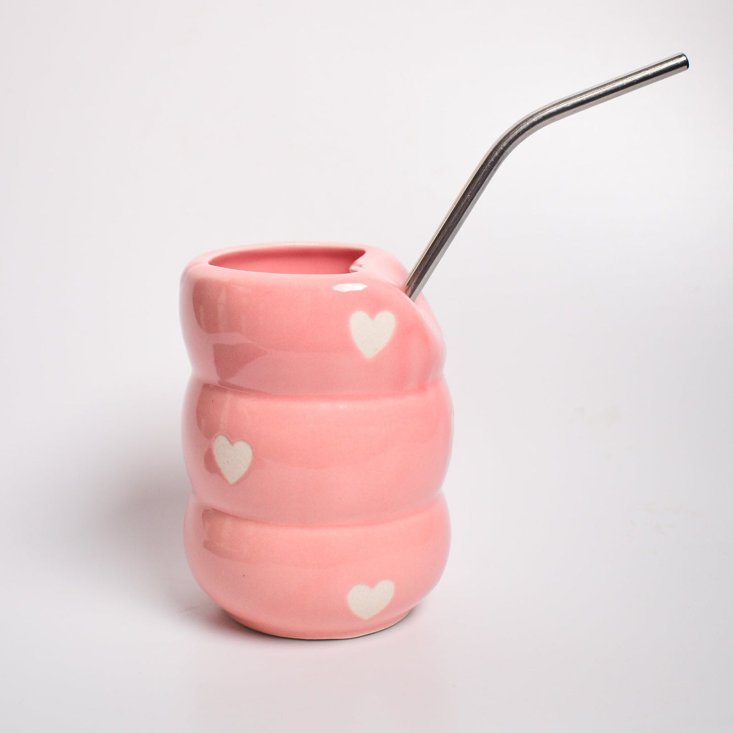 Tumbler | Ceramic Handmade with Straw | Pink Heart Design