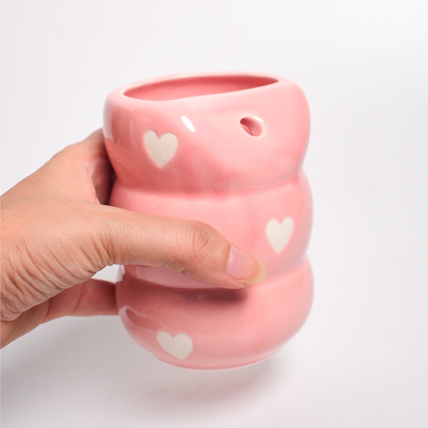Tumbler | Ceramic Handmade with Straw | Pink Heart Design