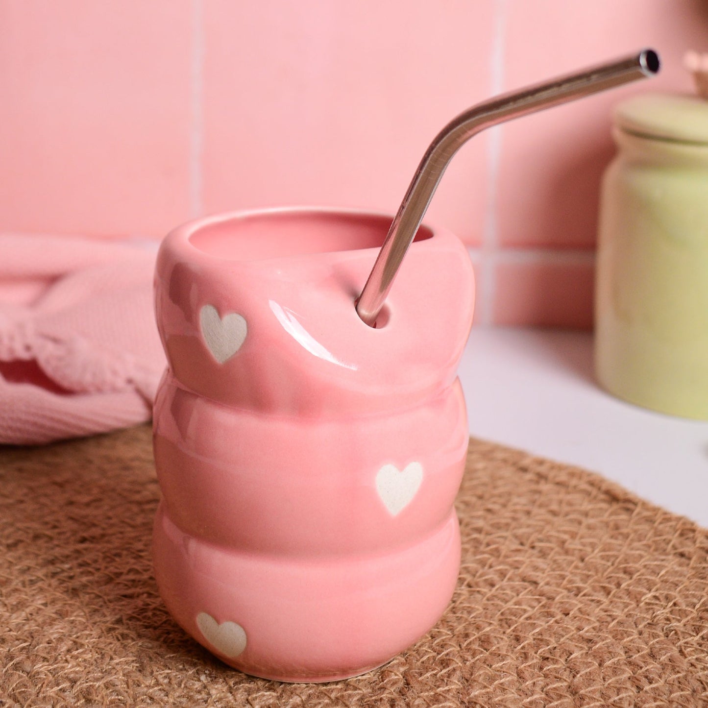 Tumbler | Ceramic Handmade with Straw | Pink Heart Design