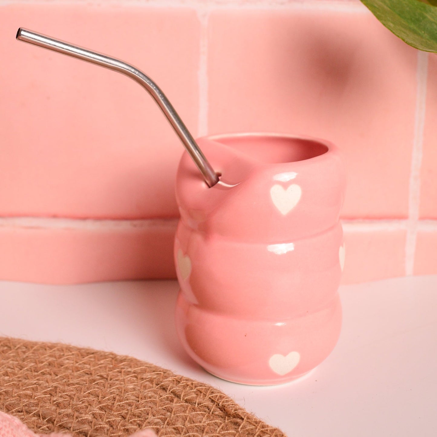 Tumbler | Ceramic Handmade with Straw | Pink Heart Design