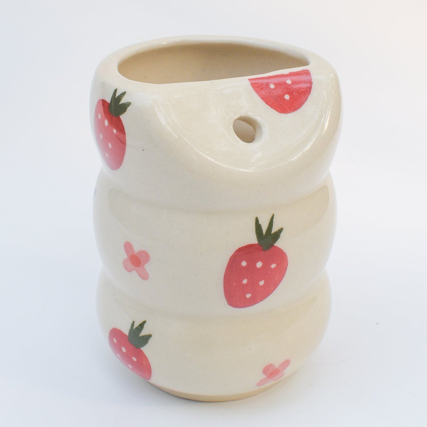 Tumbler | Pink Hand-painted Ceramic Strawberry Flower | With Stainless Steel Straw