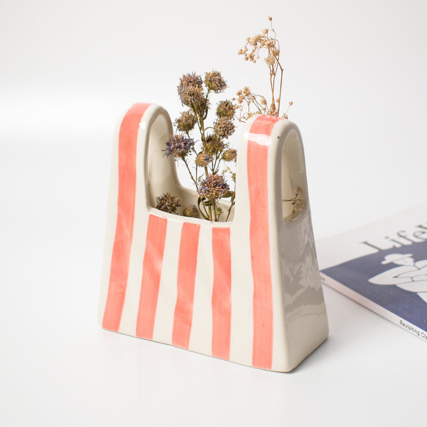 Vase | Ceramic Bag Shape | Small, Pink Stripe