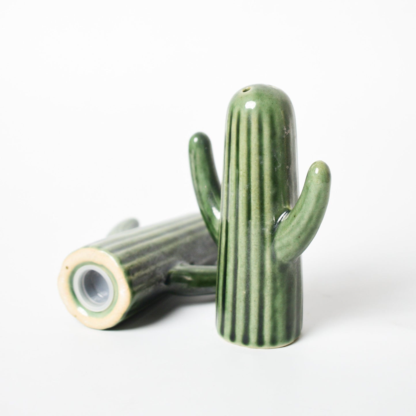 Salt Pepper Shaker | Hand-painted Ceramic Cactus Shape | Set of 2, Green