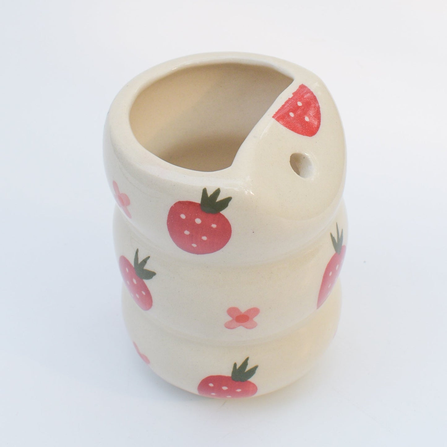 Tumbler | Pink Hand-painted Ceramic Strawberry Flower | With Stainless Steel Straw