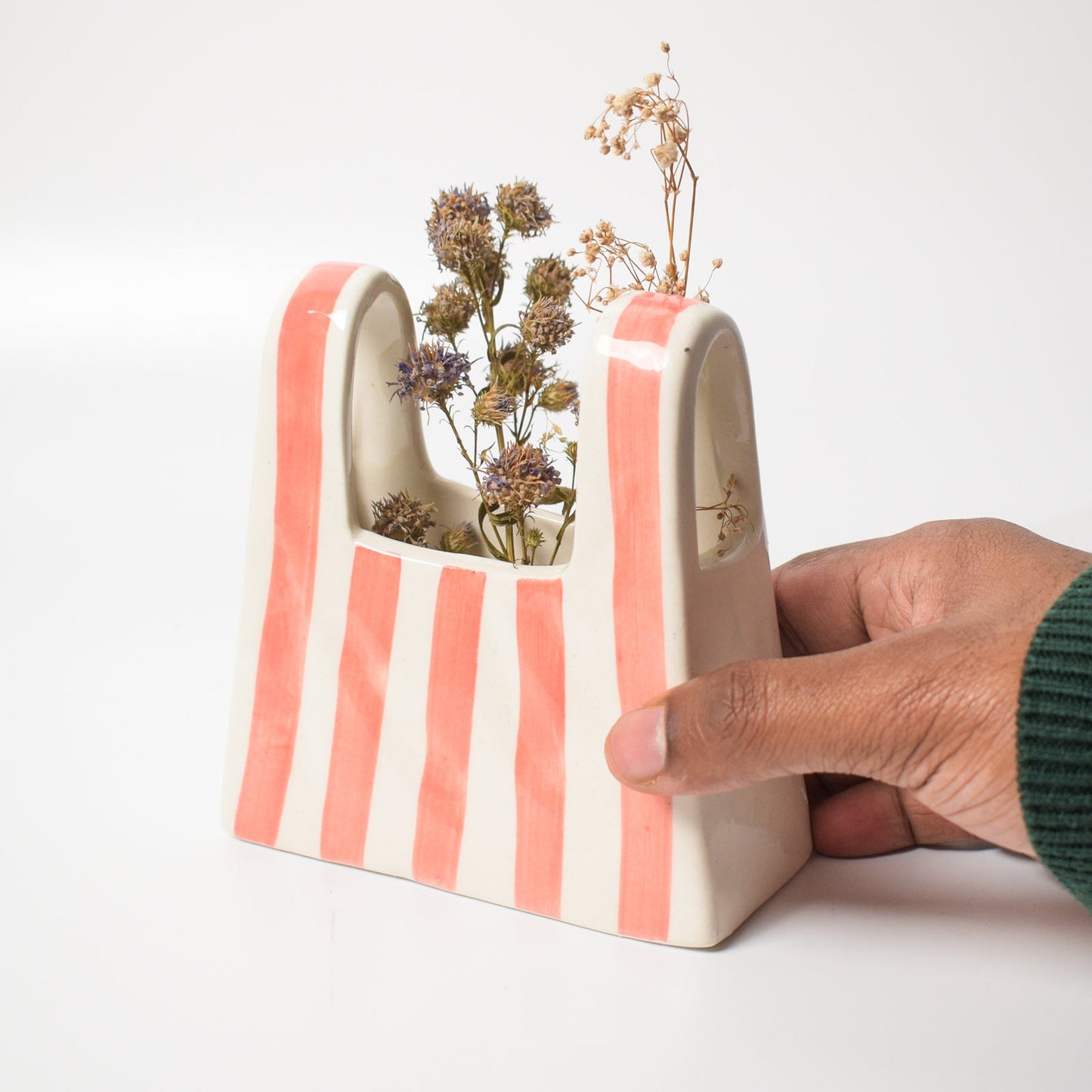 Vase | Ceramic Bag Shape | Small, Pink Stripe