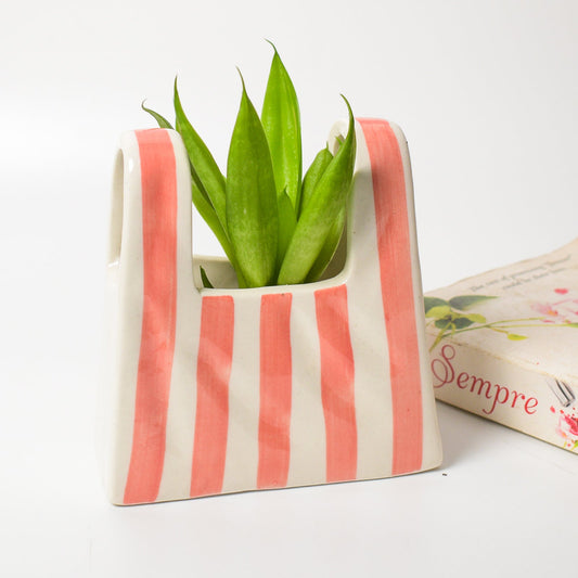 Vase | Ceramic Bag Shape | Small, Pink Stripe