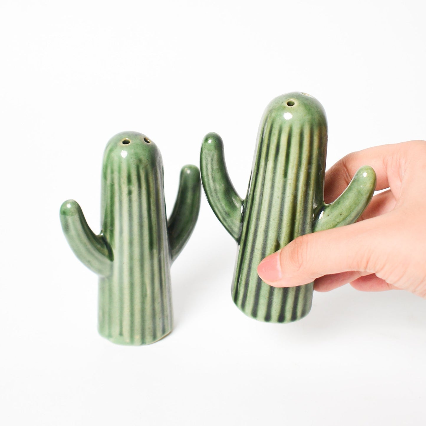 Salt Pepper Shaker | Hand-painted Ceramic Cactus Shape | Set of 2, Green