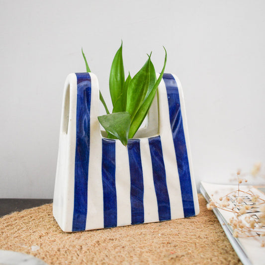 Vase | Ceramic Hand-painted Bag Shape | Small, Blue Stripe