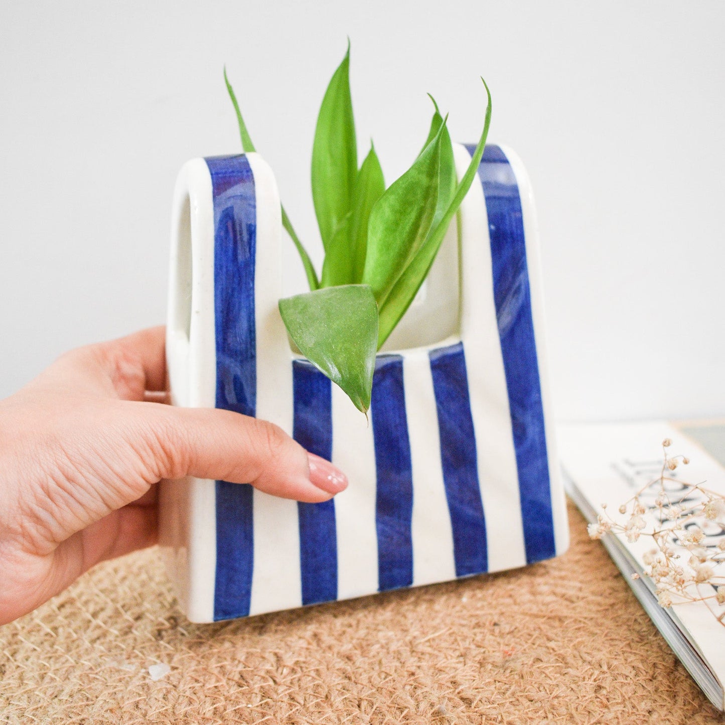 Vase | Ceramic Hand-painted Bag Shape | Small, Blue Stripe