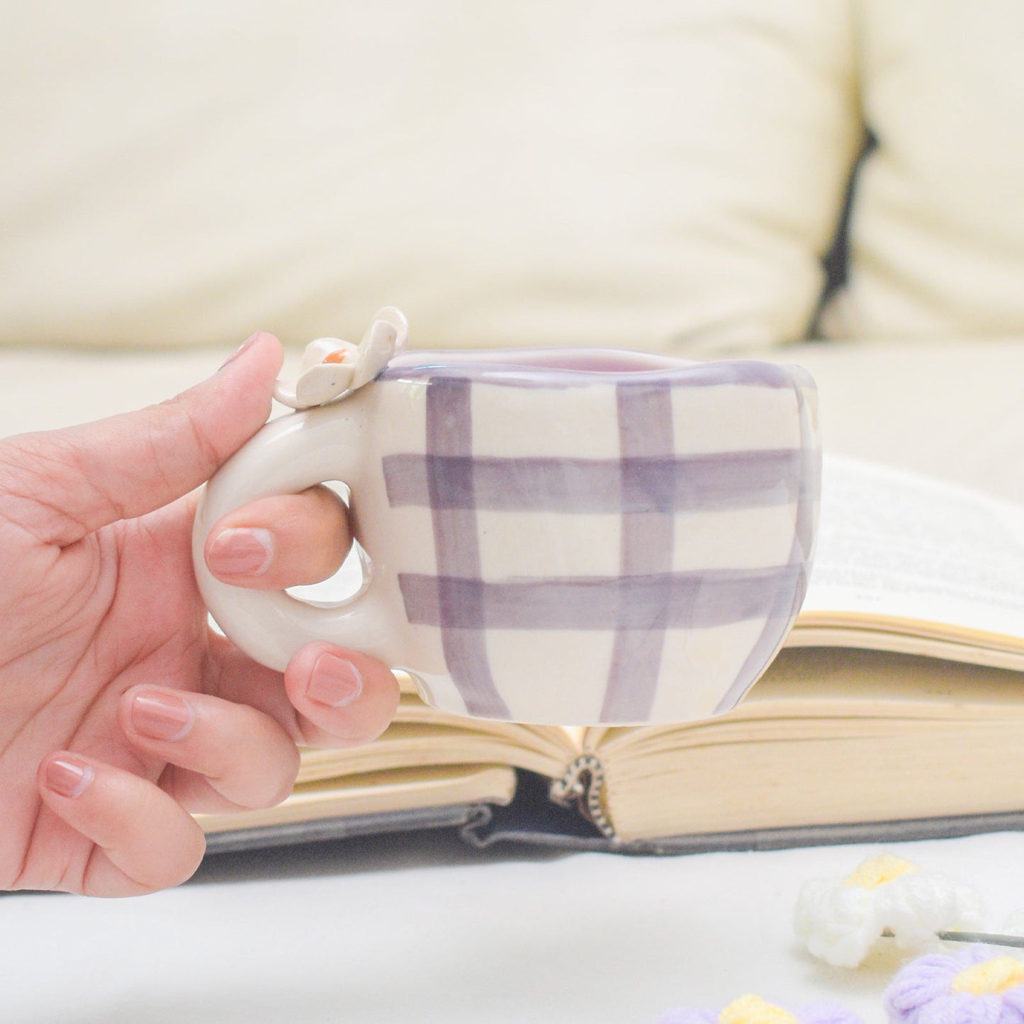 Mug | Ceramic Hand-painted Daisy Design | Purple