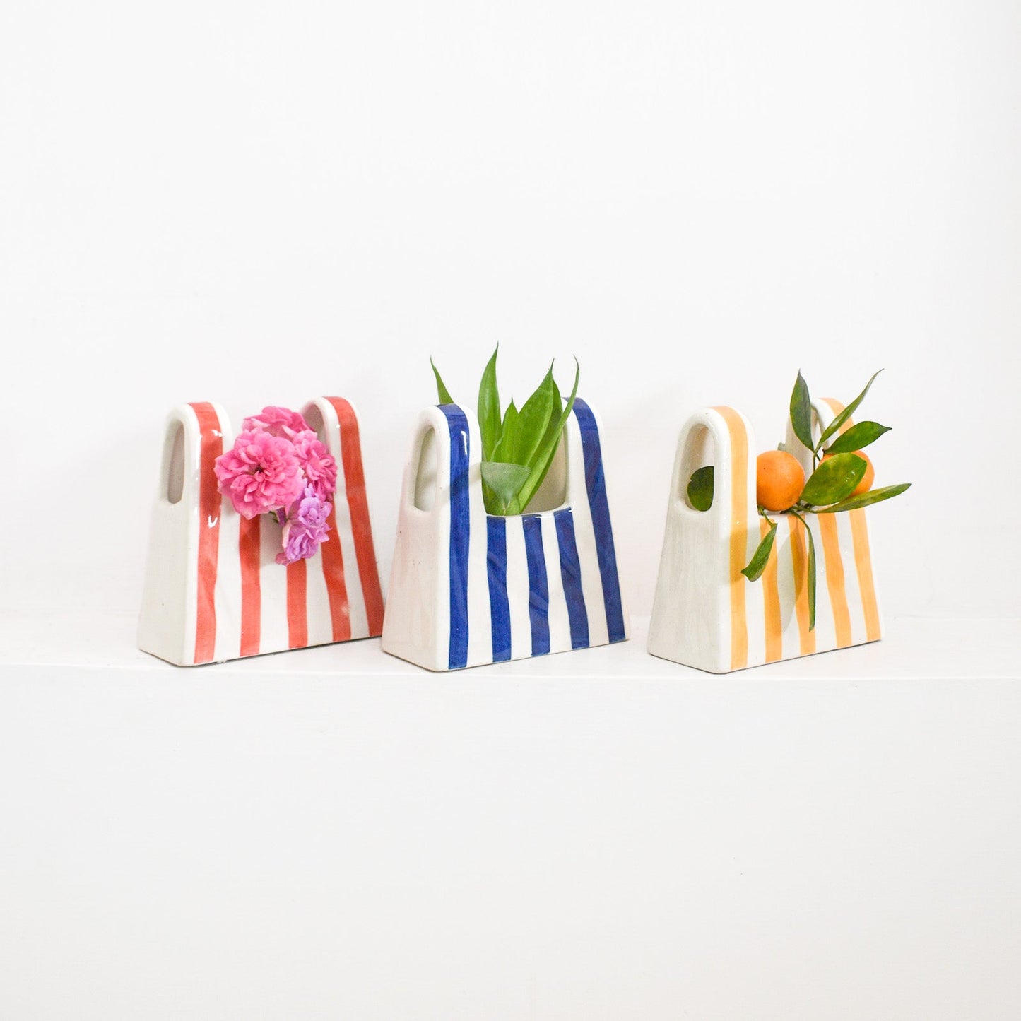 Vase | Ceramic Hand-painted Bag Shape | Small Yellow Stripe