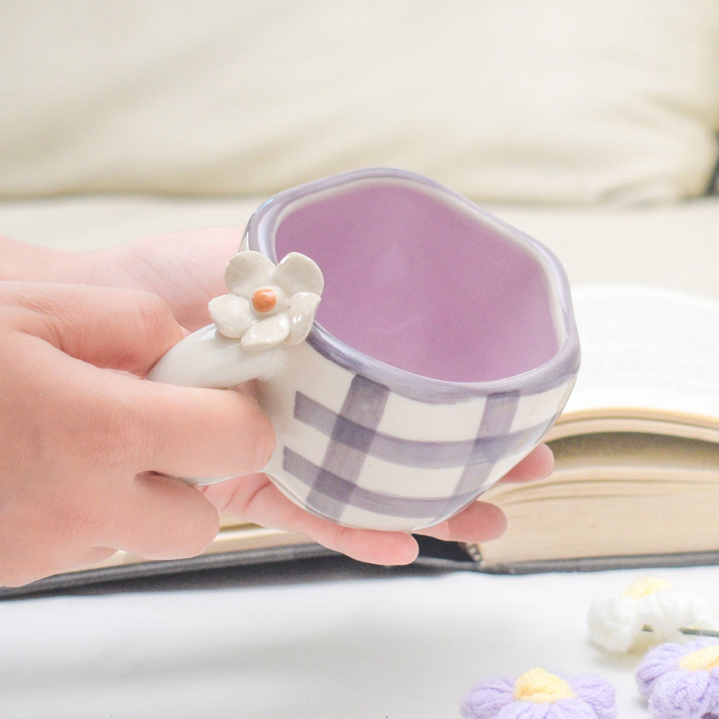 Mug | Ceramic Hand-painted Daisy Design | Purple