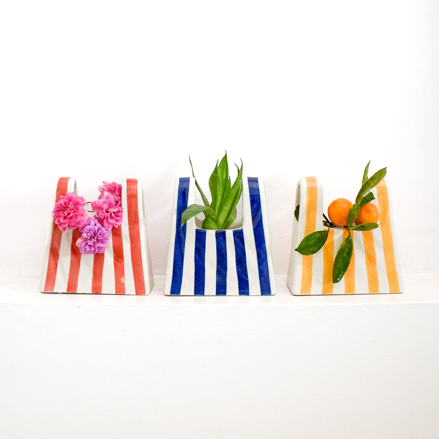 Vase | Ceramic Hand-painted Bag Shape | Small, Blue Stripe