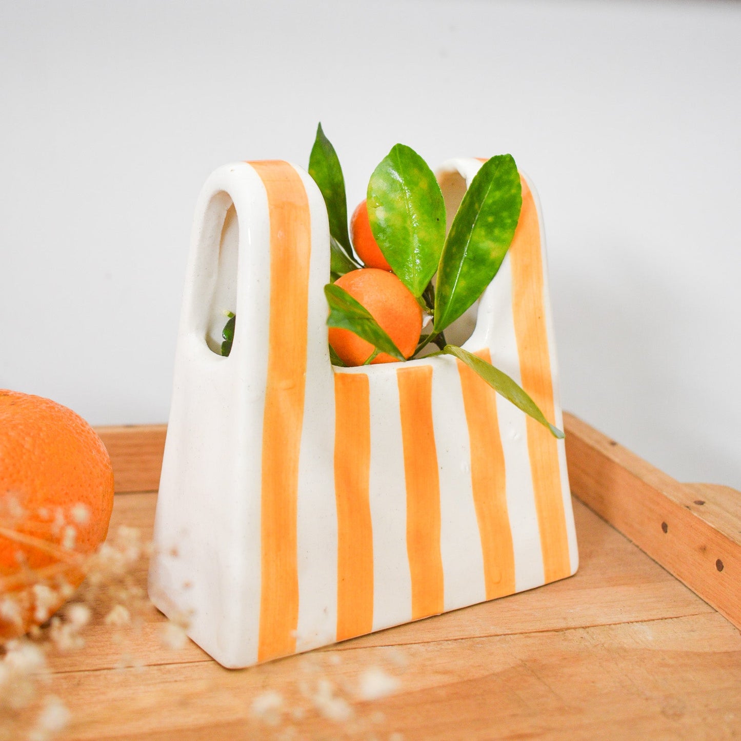 Vase | Ceramic Hand-painted Bag Shape | Small Yellow Stripe