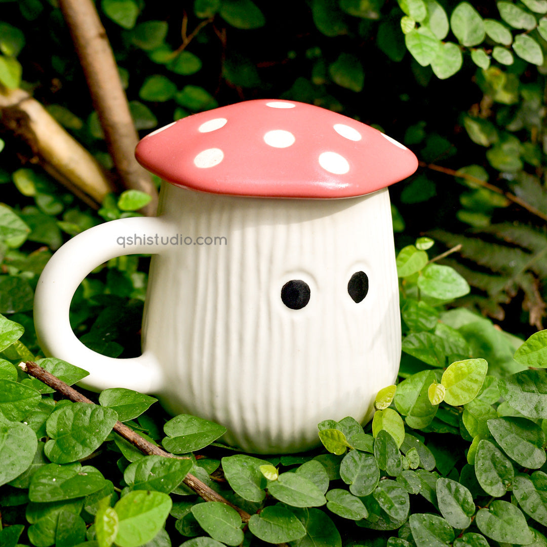 Mug | Ceramic Mushroom Cap | White & Red Lid
