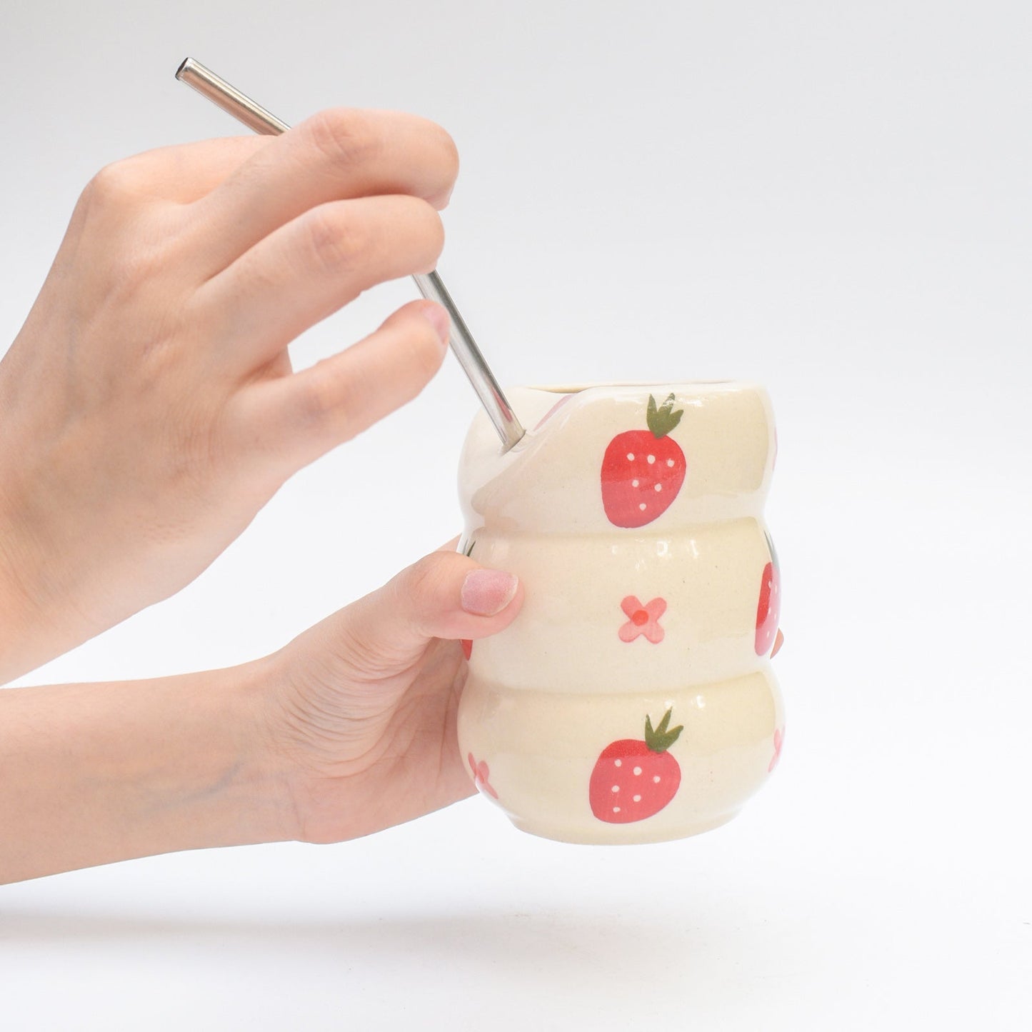 Tumbler | Pink Hand-painted Ceramic Strawberry Flower | With Stainless Steel Straw