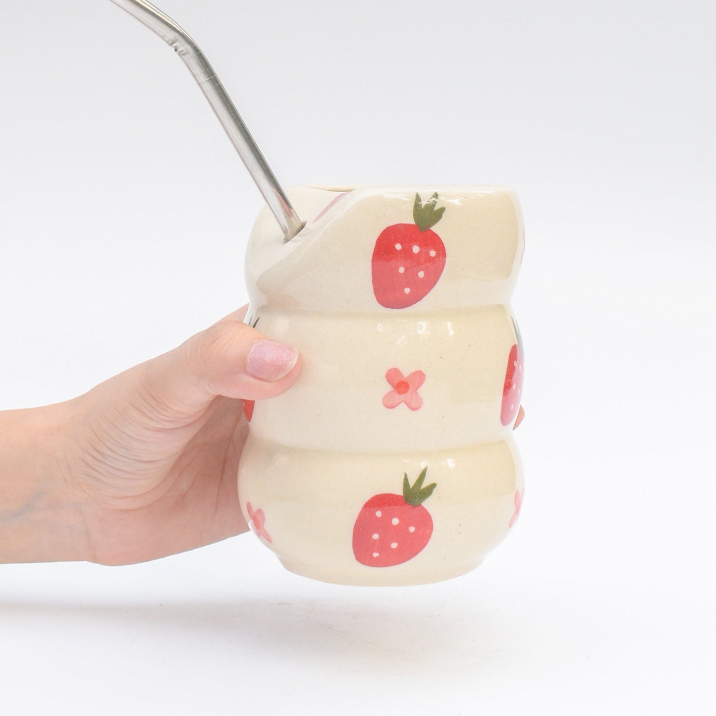 Tumbler | Pink Hand-painted Ceramic Strawberry Flower | With Stainless Steel Straw